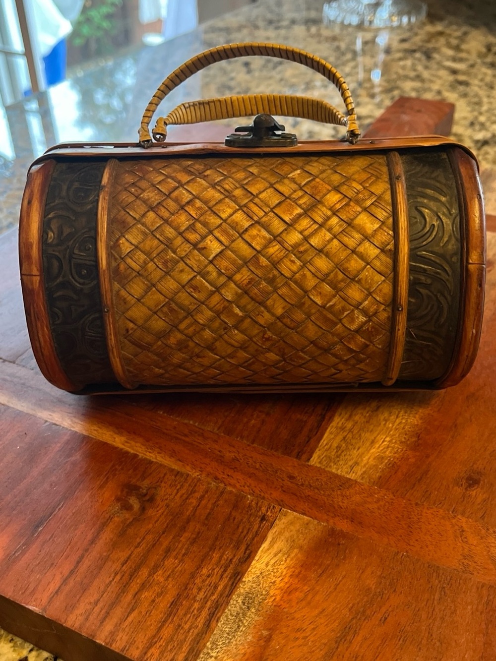 1960’s Vintage Rare Boho Carved Wood Box Purse Handbag, Metal Latch